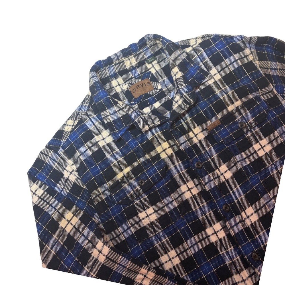 Orvis Men's Plaid Flannel Long Sleeve Button Up Shirt Blue XL Cotton Pockets